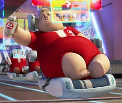A still from the movie WALL-E, a still showing a human in a hovering seat, with a screen inches from his nose and a large beverage in his hand.