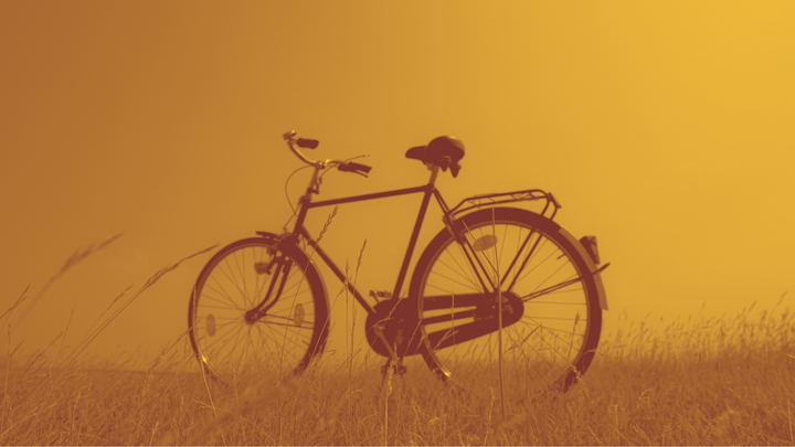 A photo of an old bike in a field. It's in sepia tones which makes the vibe feel nostalgic.