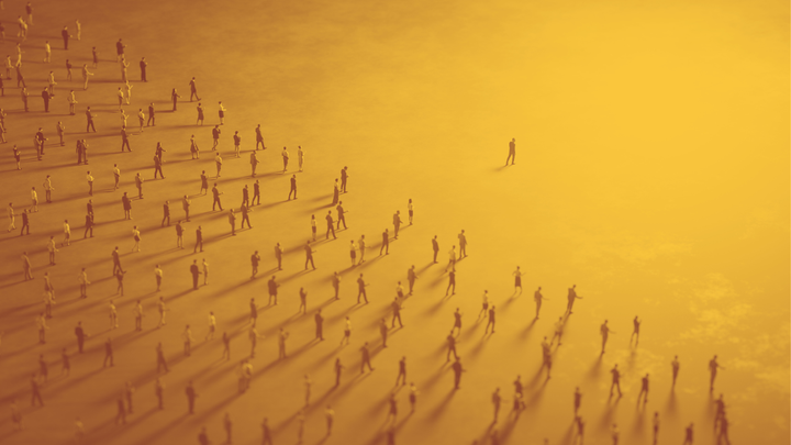 An AI-generated aerial photo of a person walking with a huge crows following