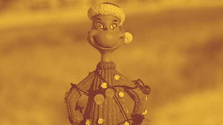 A photo of a smiling Grinch figurine wrapped in Christmas lights. He looks happy but a little cranky.